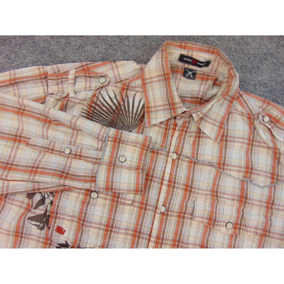 Artful Dodger Shirt Mens Med Orange White Plaid Western Pearl Snaps - Picture 1 of 10
